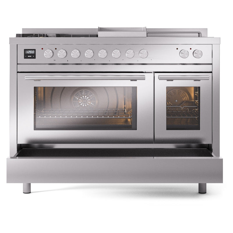 ILVE Professional Plus II 48-inch Dual Fuel Range with 5 Burners, Griddle, & French Top with Triple Glass Door Oven in Stainless Steel (UP48FSWMPSS)