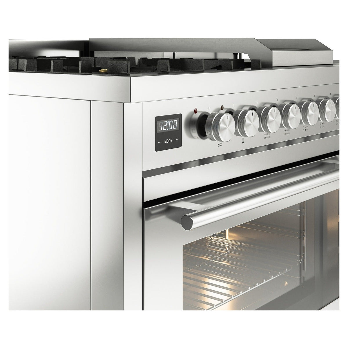 Stainless steel oven controls with knobs and open oven door