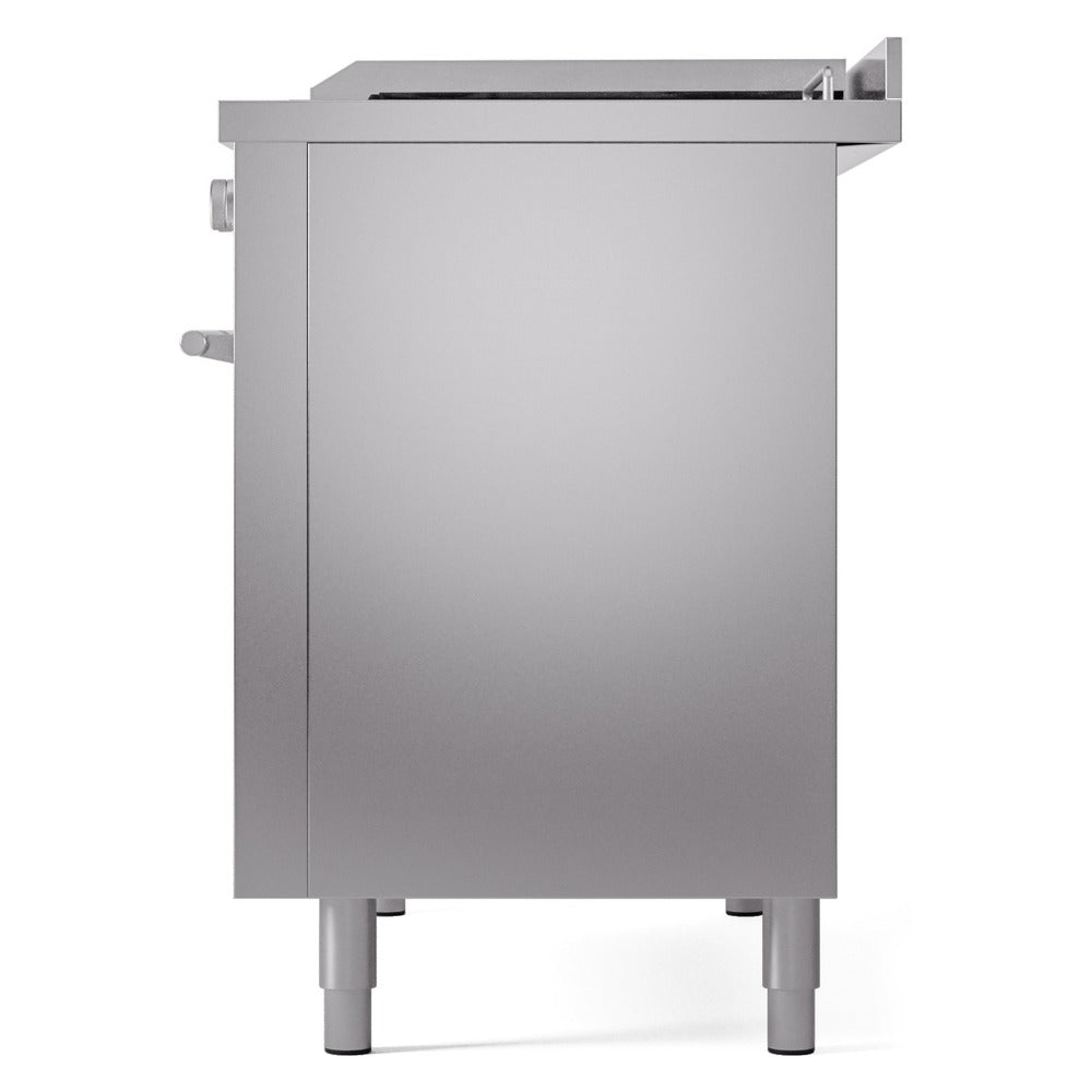Stainless steel rear-side panel of dual fuel range with leveling feet and connectors