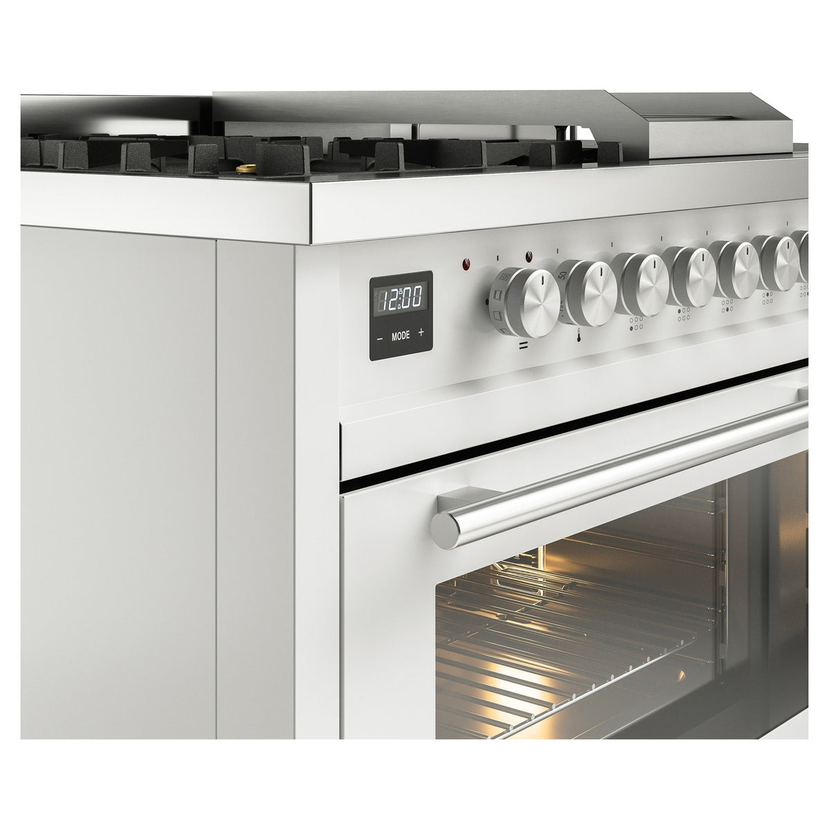Close-up of white dual fuel range control panel with mode display and oven door handle.
