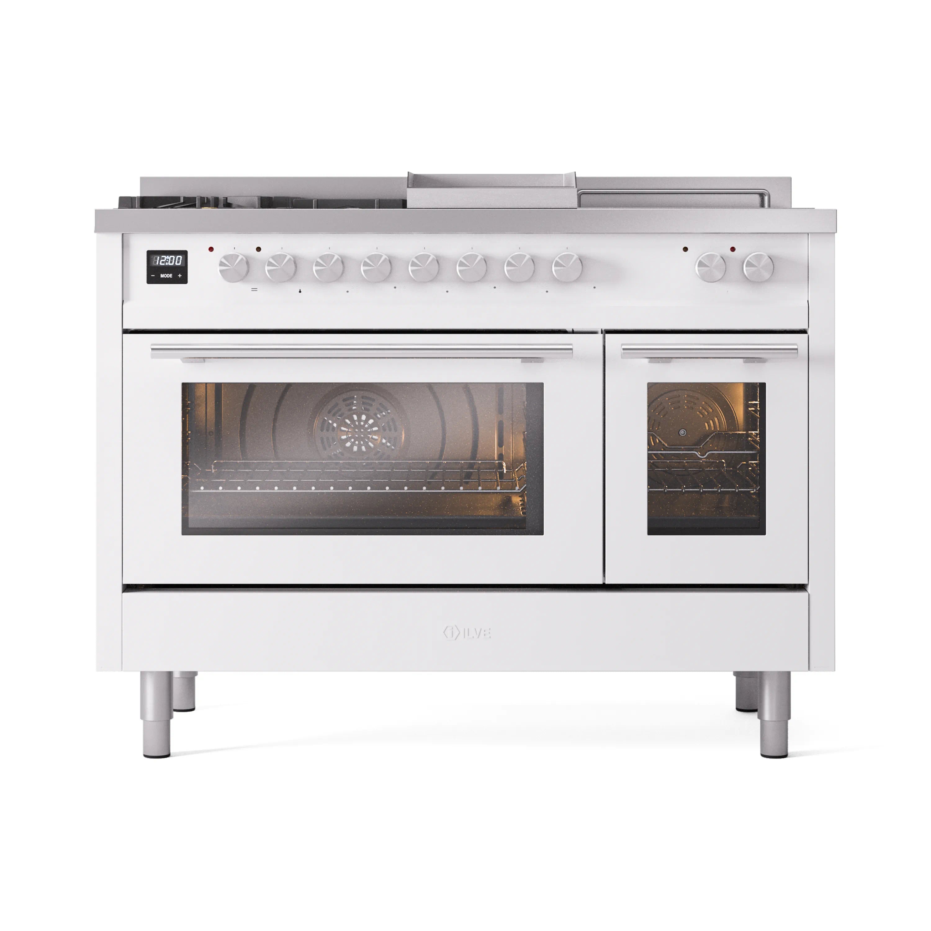 White dual fuel range front view with one oven door open and both doors visible.