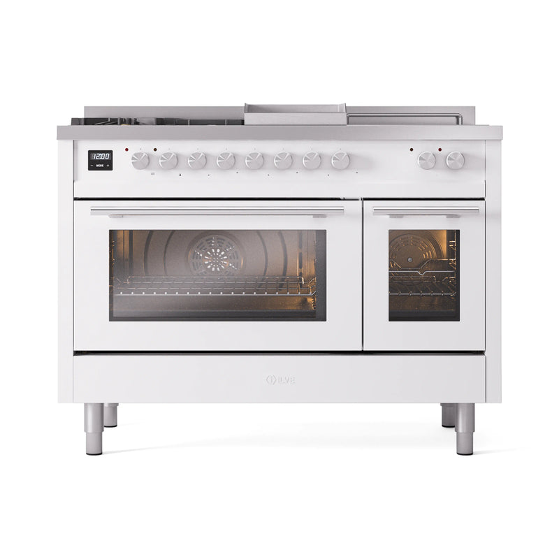 ILVE Professional Plus II 48-inch Dual Fuel Range with 5 Burners, Griddle, & French Top with Triple Glass Door Oven in White (UP48FSWMPWH)