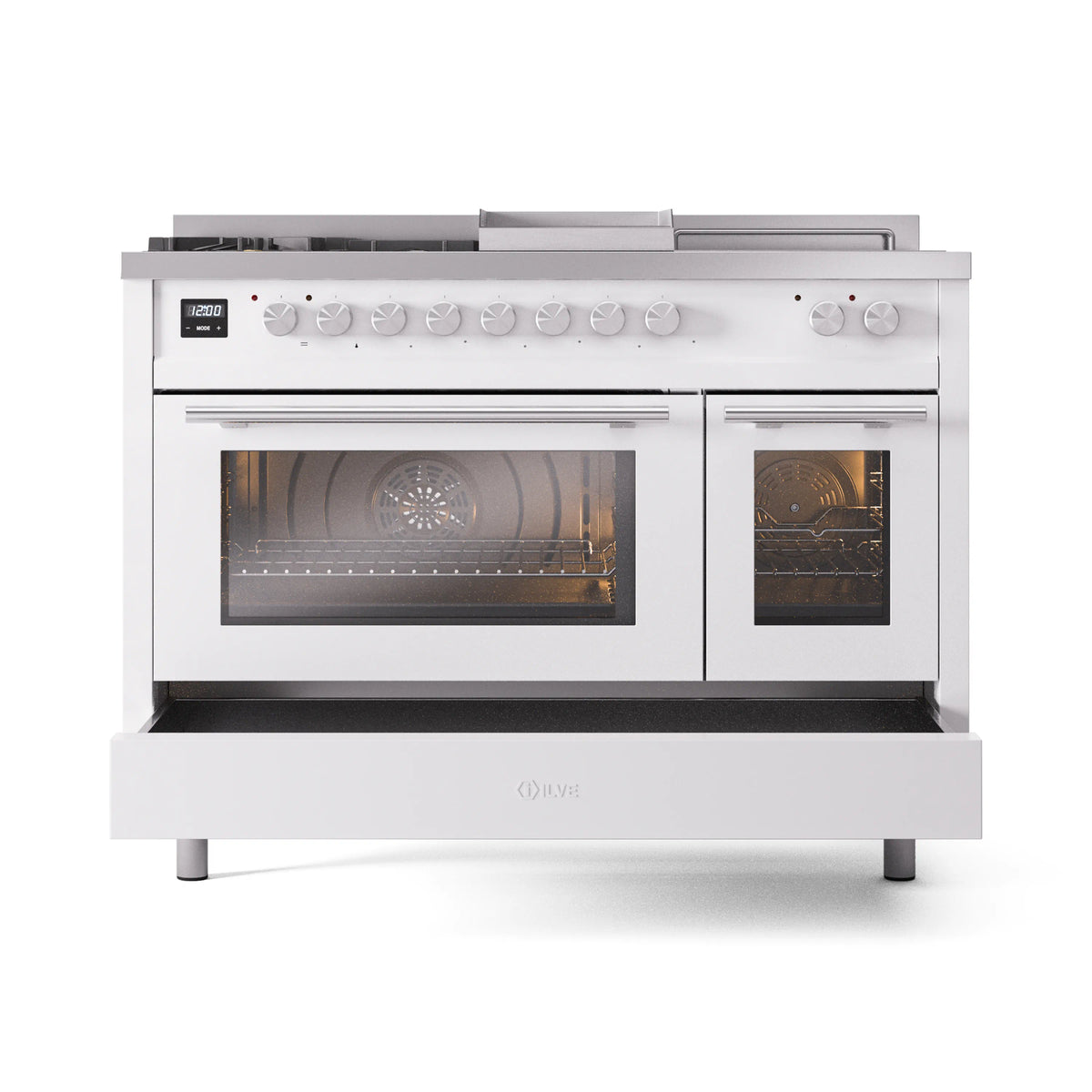 White dual fuel range with dual oven doors and front control knobs, French top visible.