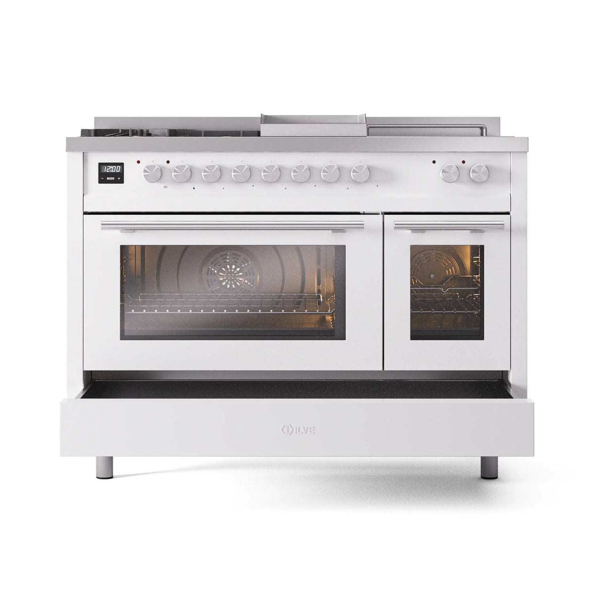 White dual fuel range front view with left oven door open and right oven door closed