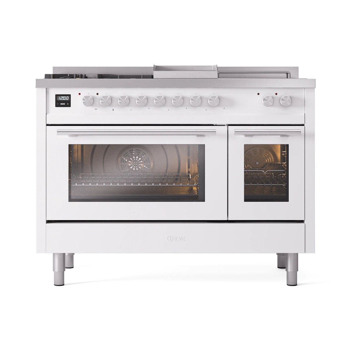 White dual fuel range front view with control knobs, two ovens, and cooktop burners