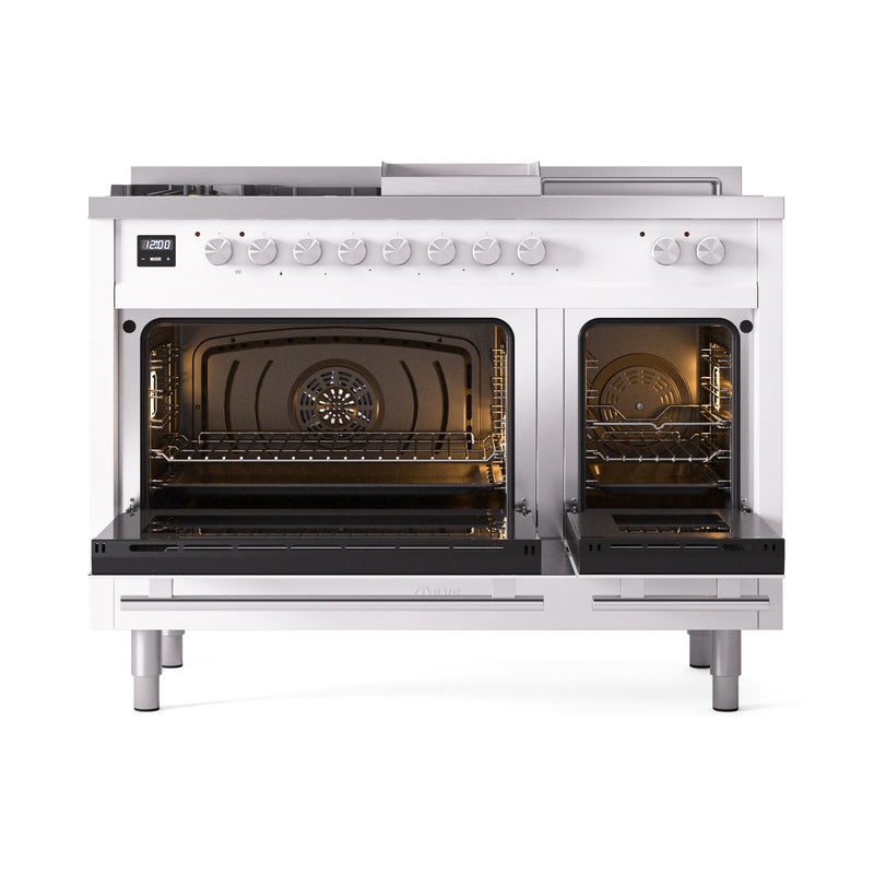 ILVE Professional Plus II 48-inch Dual Fuel Range with 5 Burners, Griddle, & French Top with Triple Glass Door Oven in White (UP48FSWMPWH)