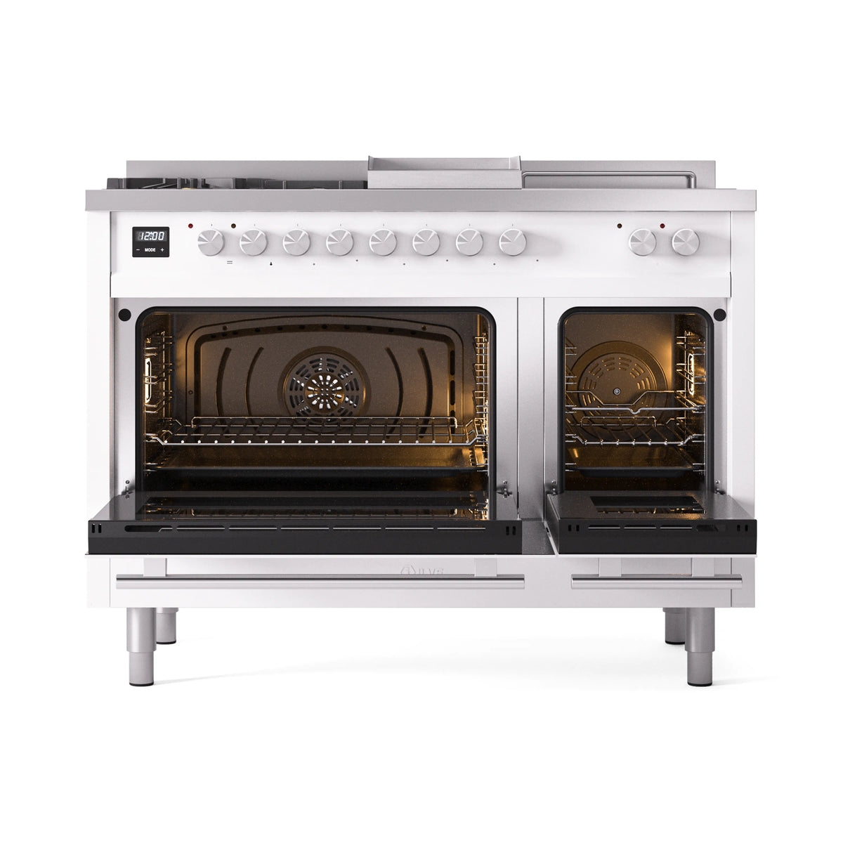 White dual fuel range with both oven doors open, showing interior racks and heating elements