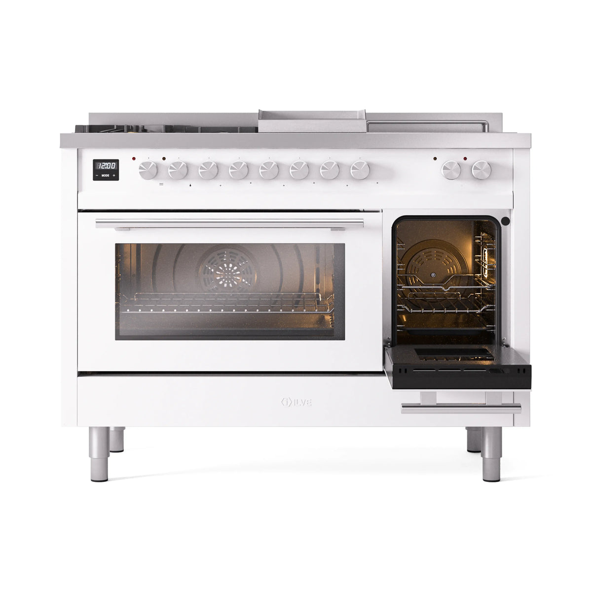 White dual fuel range with left oven door open, interior visible through glass