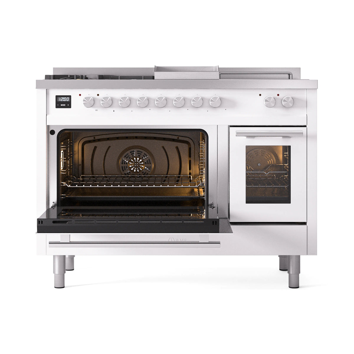 White dual fuel range with left and right oven doors open, showing interior shelves