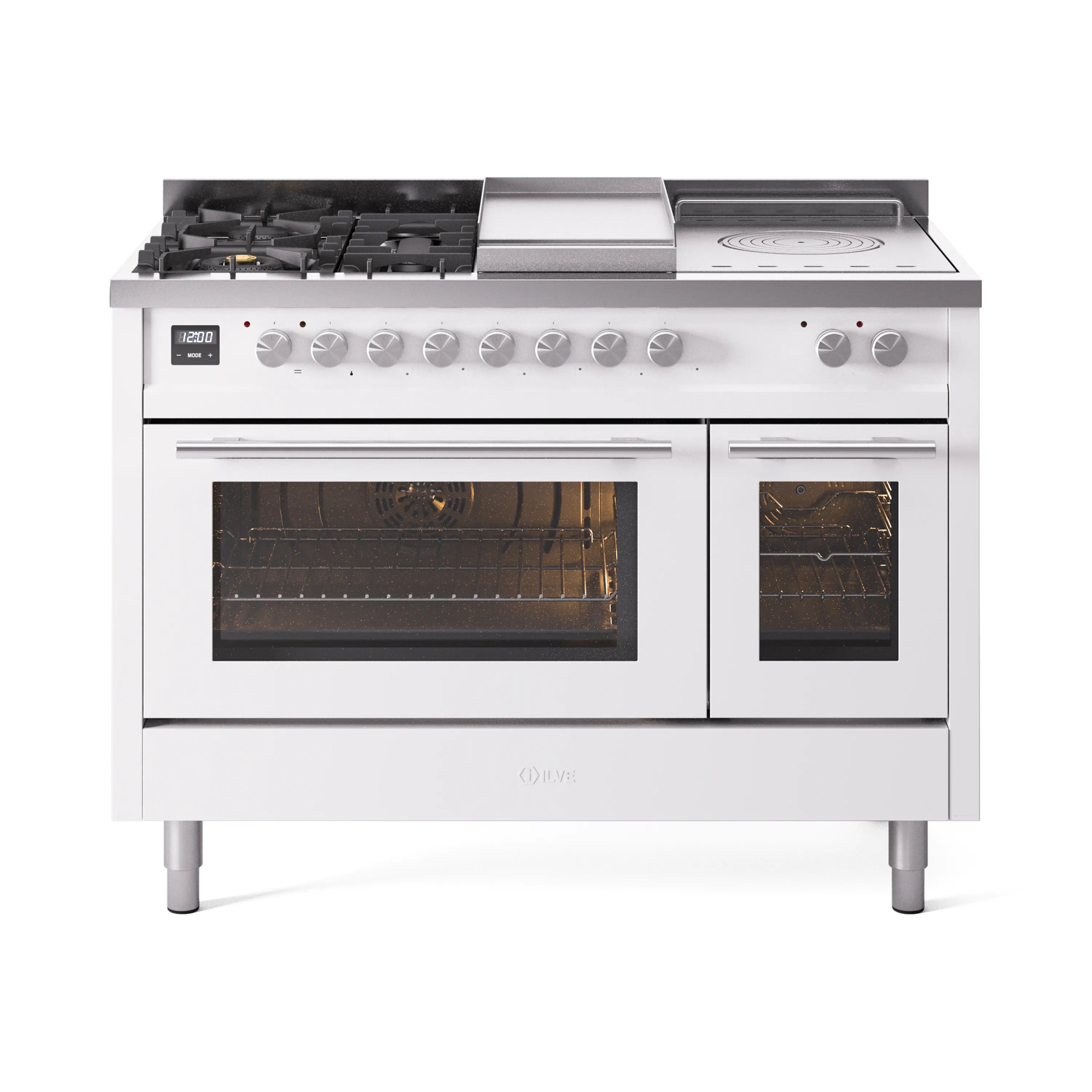 White dual fuel range with burners, griddle, and two oven doors, French top on top.