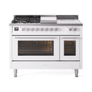 ILVE Professional Plus II 48-inch Natural Gas Dual Fuel Range with 5 Burners, Griddle, & French Top with Triple Glass Door Oven in White (UP48FSWMPWH)