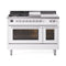 ILVE Professional Plus II 48-inch Natural Gas Dual Fuel Range with 5 Burners, Griddle, & French Top with Triple Glass Door Oven in White (UP48FSWMPWH)