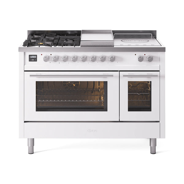 ILVE Professional Plus II 48-inch Dual Fuel Range with 5 Burners, Griddle, & French Top with Triple Glass Door Oven in White (UP48FSWMPWH)