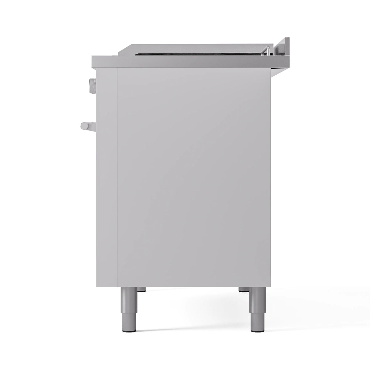 White dual fuel range rear cover panel with adjustable legs at the bottom.