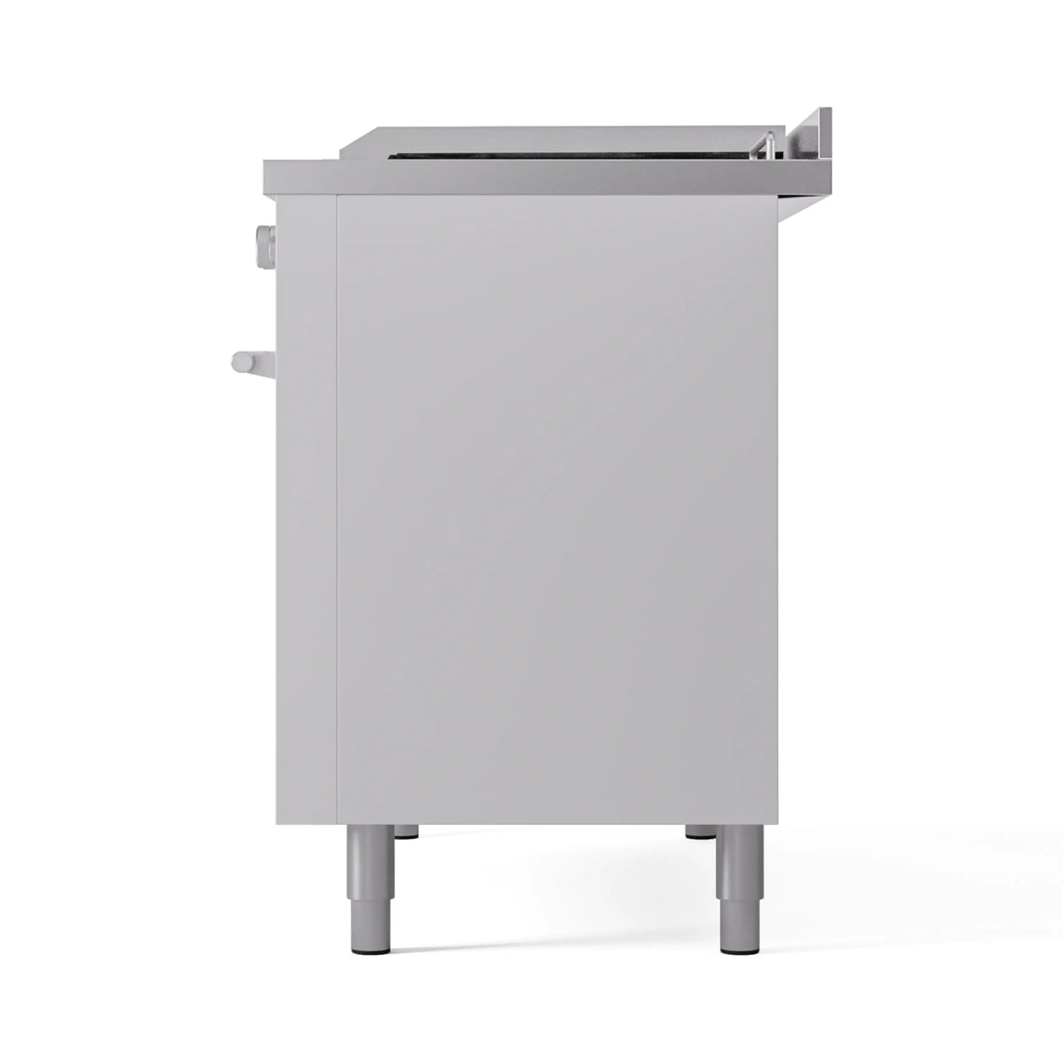 White dual fuel range back panel view with rear vent and four leveling feet