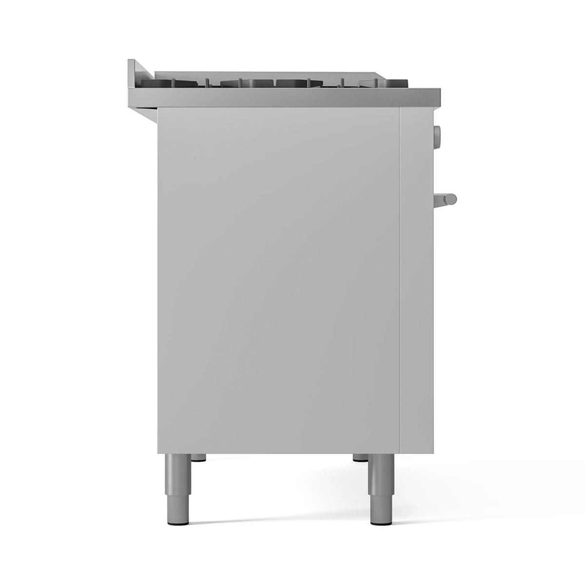 White dual fuel range front view from side, showing burner area and cabinet door edges.