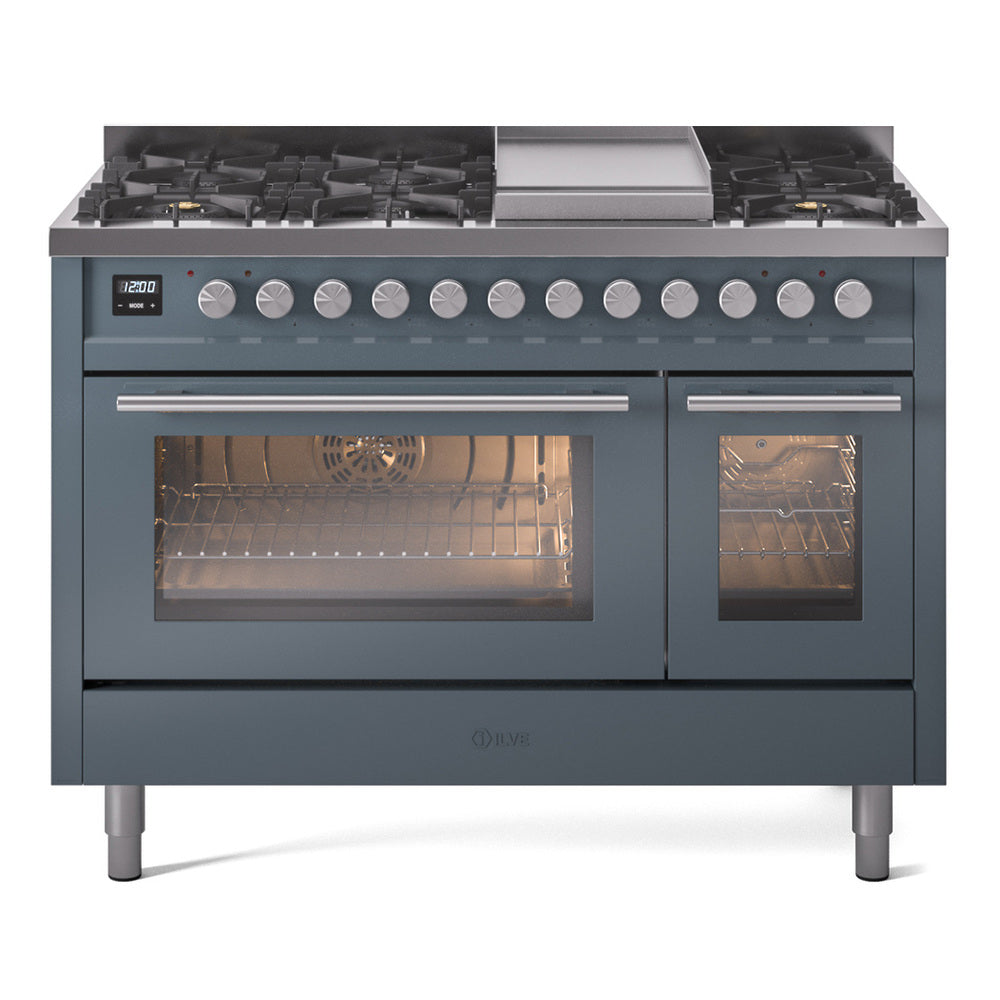 Blue-grey freestanding dual fuel range, front view with control knobs and oven doors