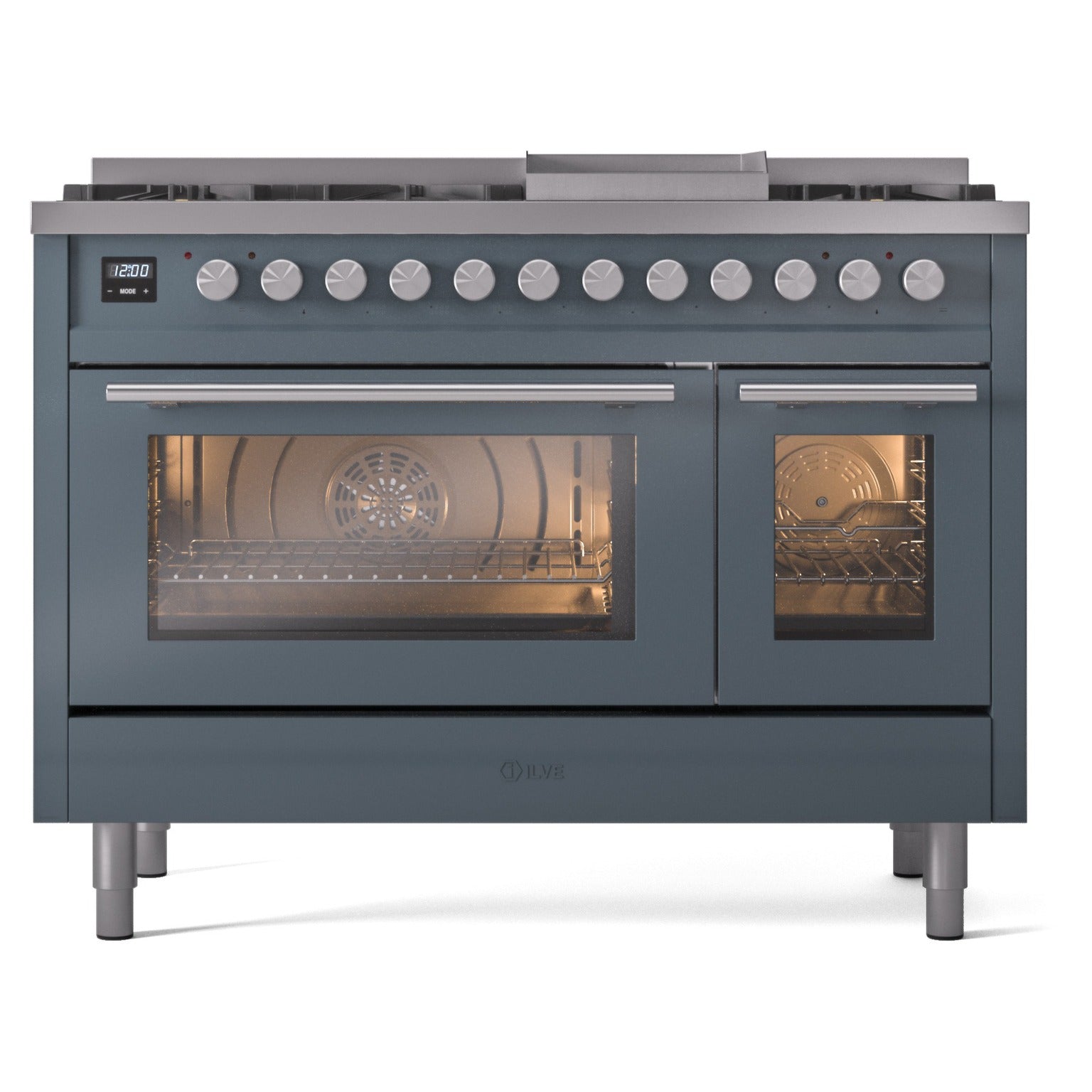 Blue-grey freestanding dual fuel range, front view with both oven windows open