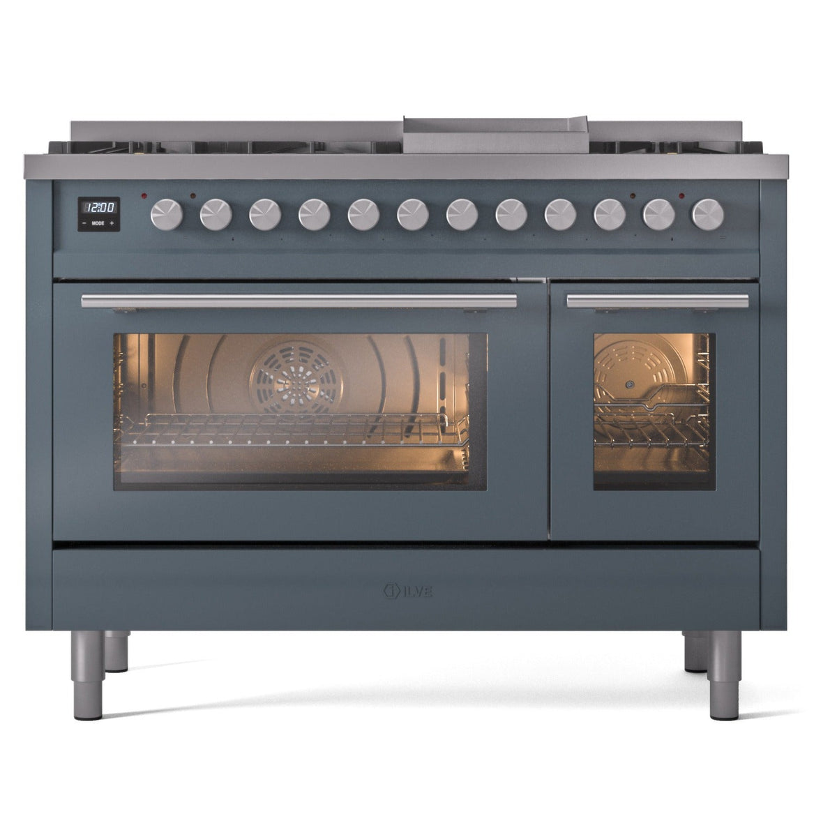 Freestanding blue grey gas dual-fuel range with 8 sealed burners, 2 ovens, control knobs