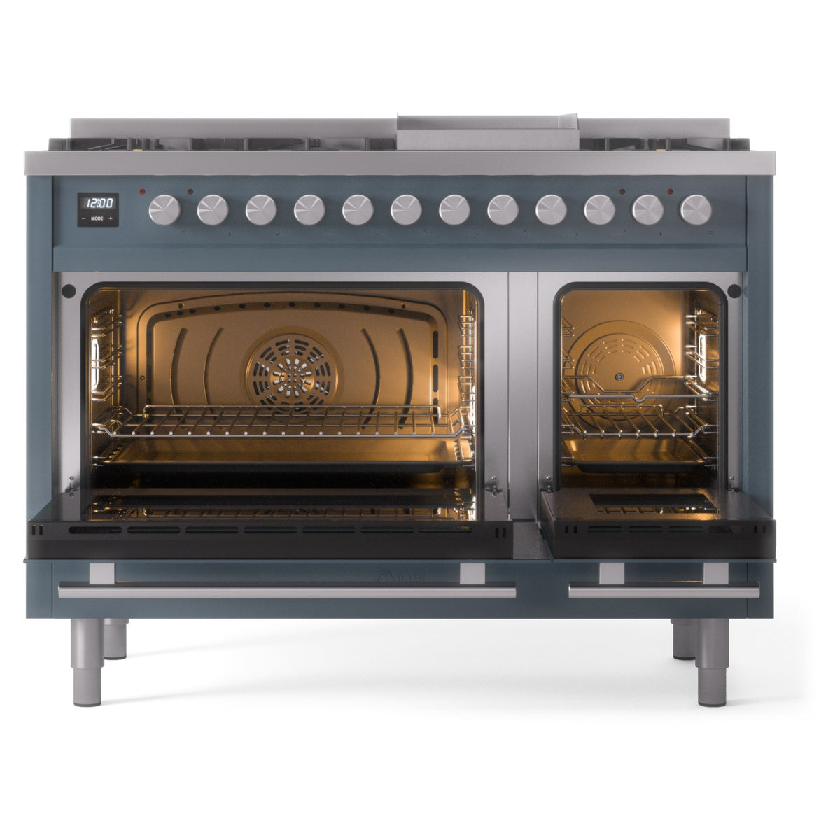 Blue-grey freestanding dual fuel range, front view with lit ovens and control knobs