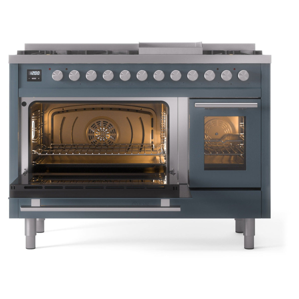 Blue grey freestanding range with left oven door open and right oven window
