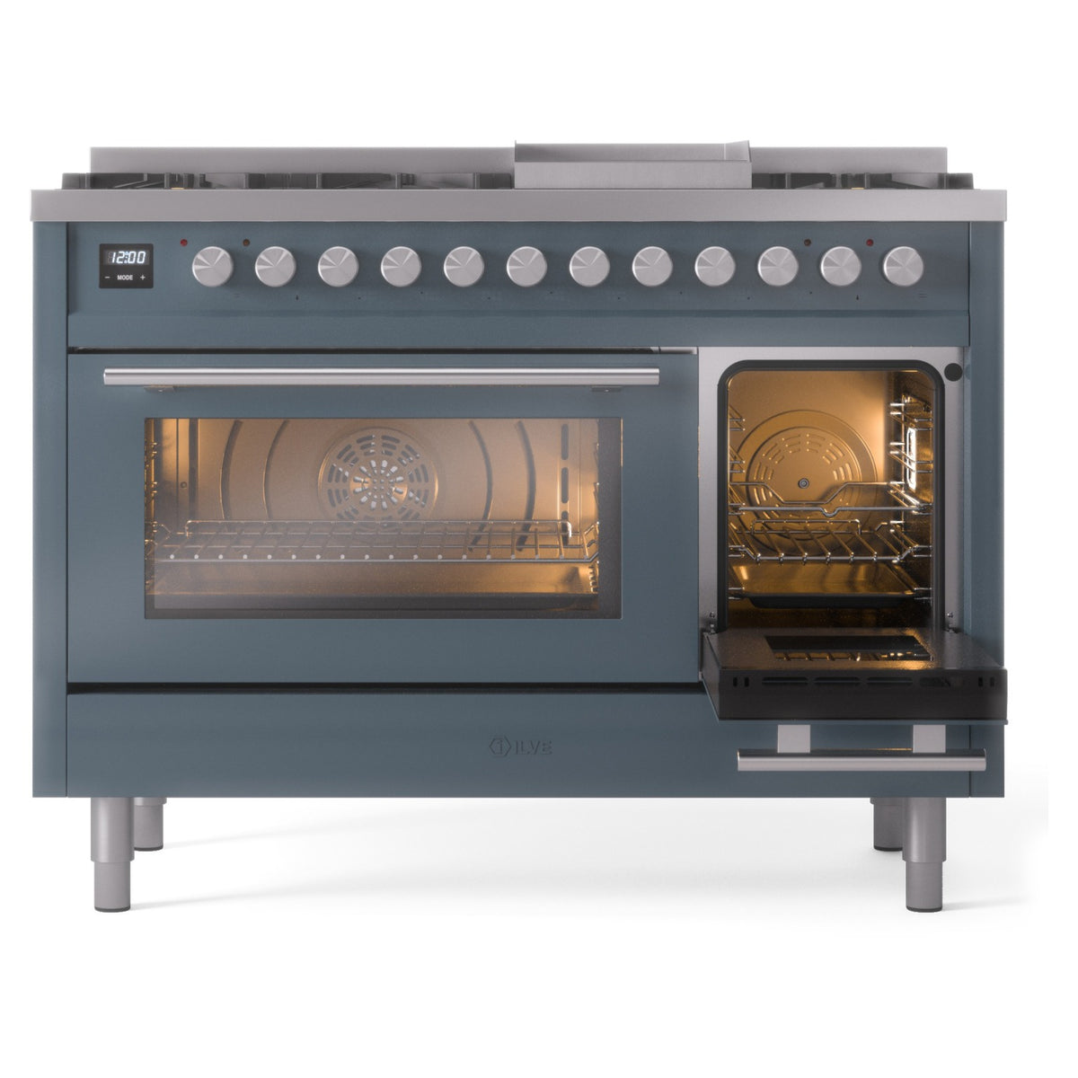 Blue-grey freestanding dual fuel range, side-front view with ovens open