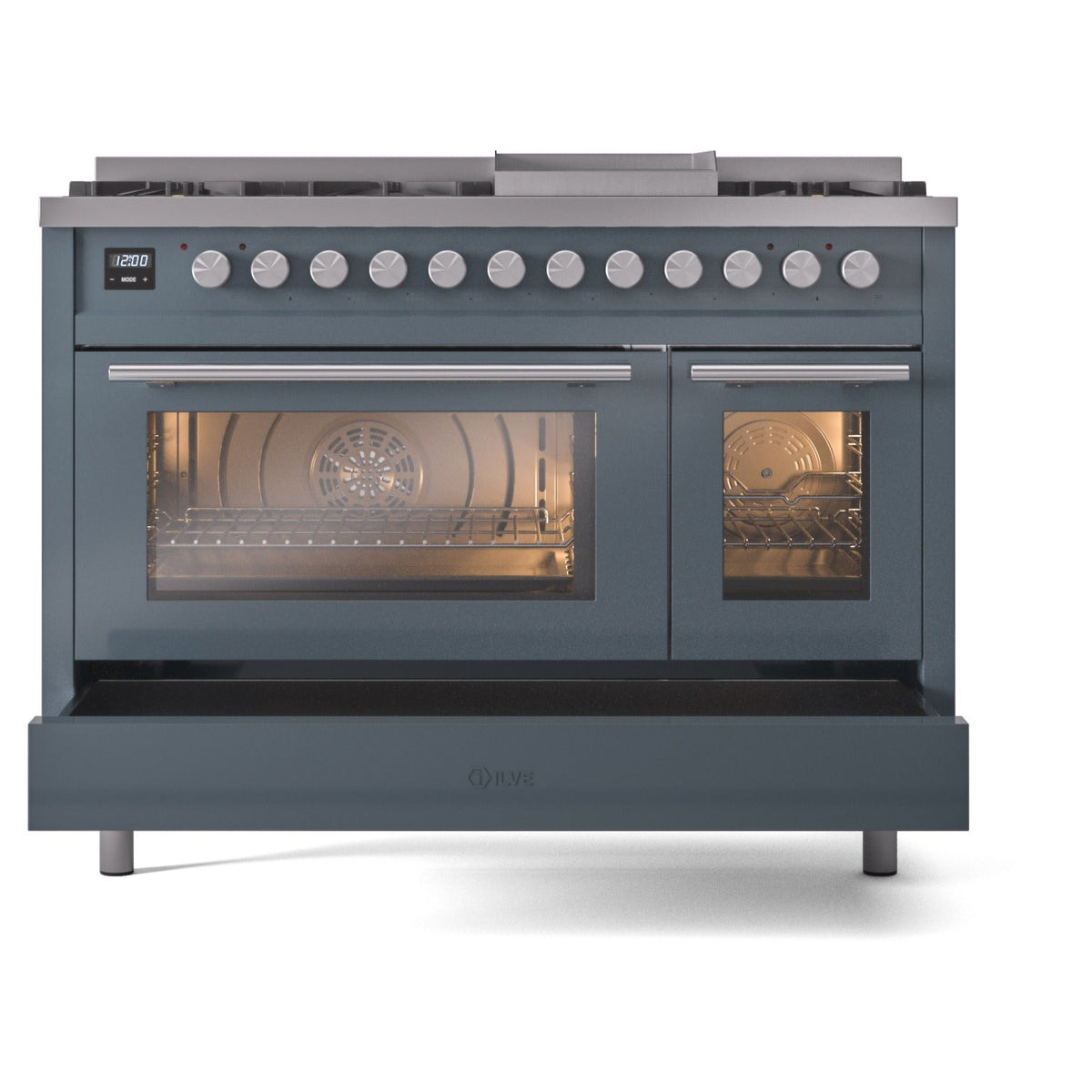 Blue grey freestanding gas dual-fuel range with both oven doors closed and burner knobs