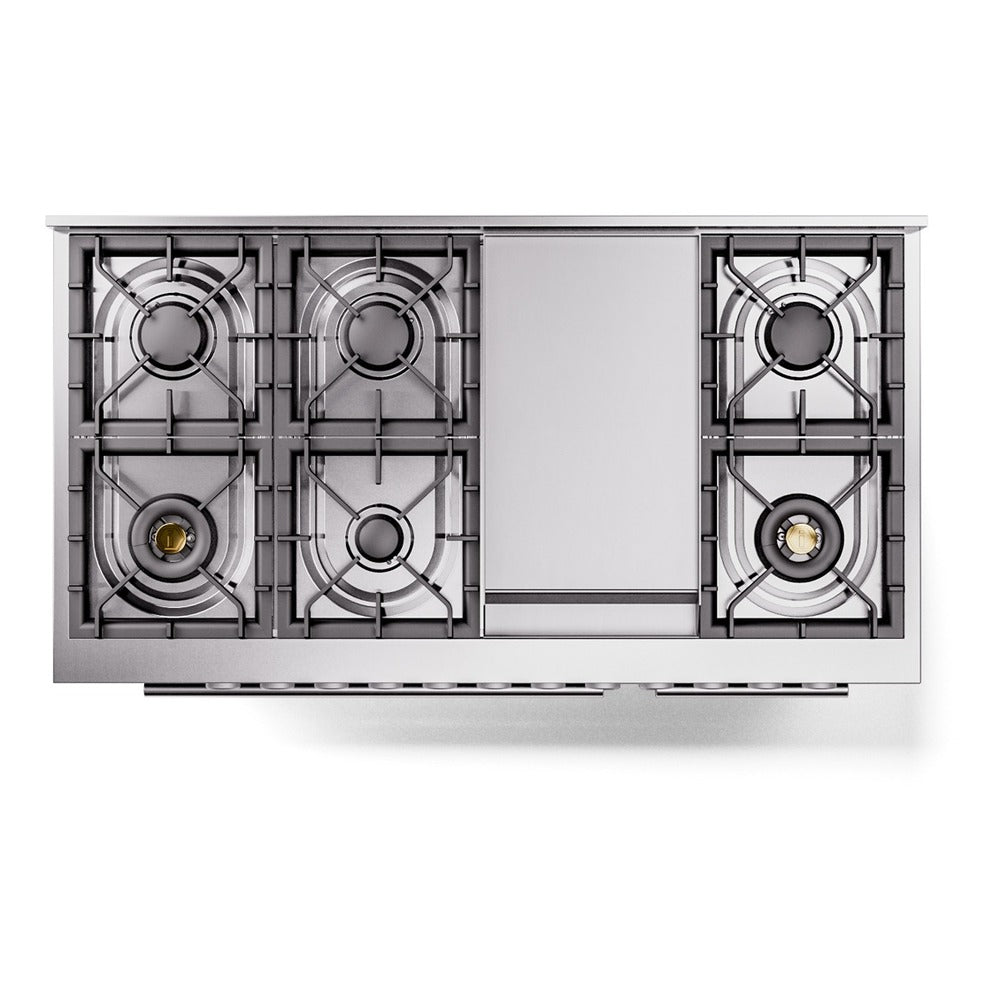 Blue-grey dual fuel range, top grates view showing burner positions