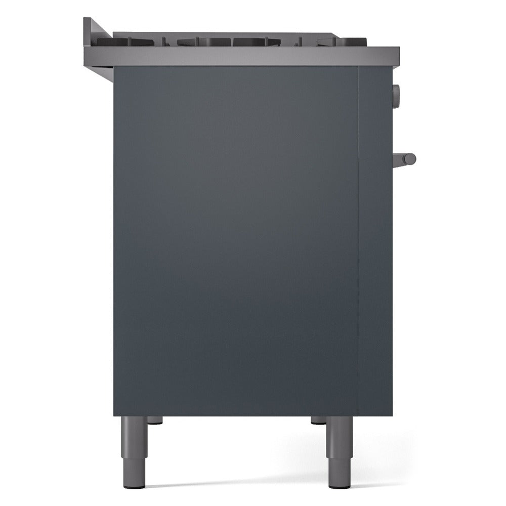 Blue grey freestanding range rear panel with rear controls and four leg feet