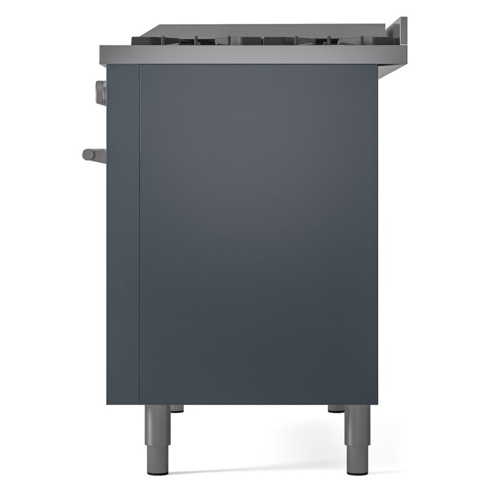 Blue grey freestanding gas range base with four legs and front panel