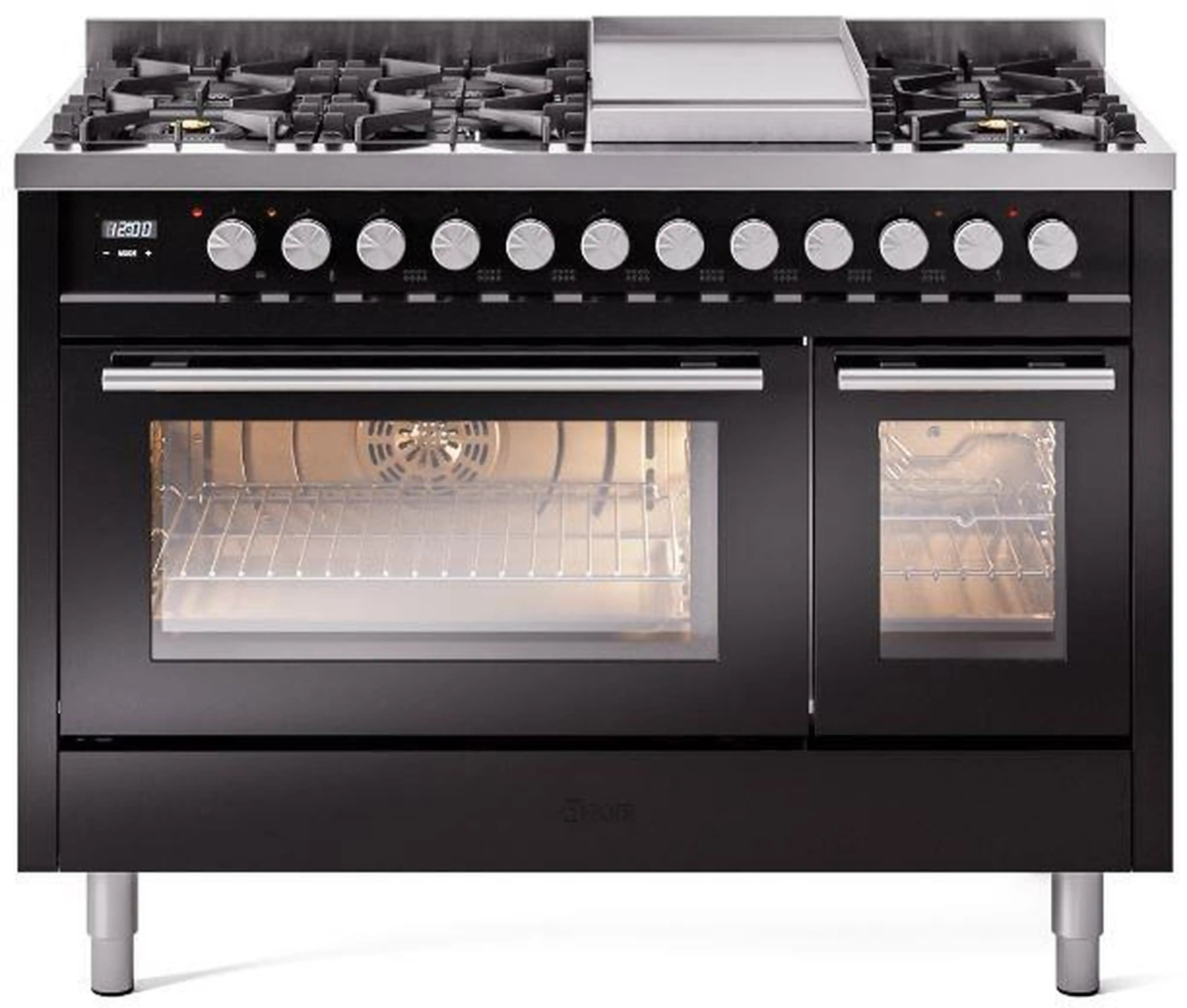 Glossy black dual fuel range front view with burner knobs and dual oven windows