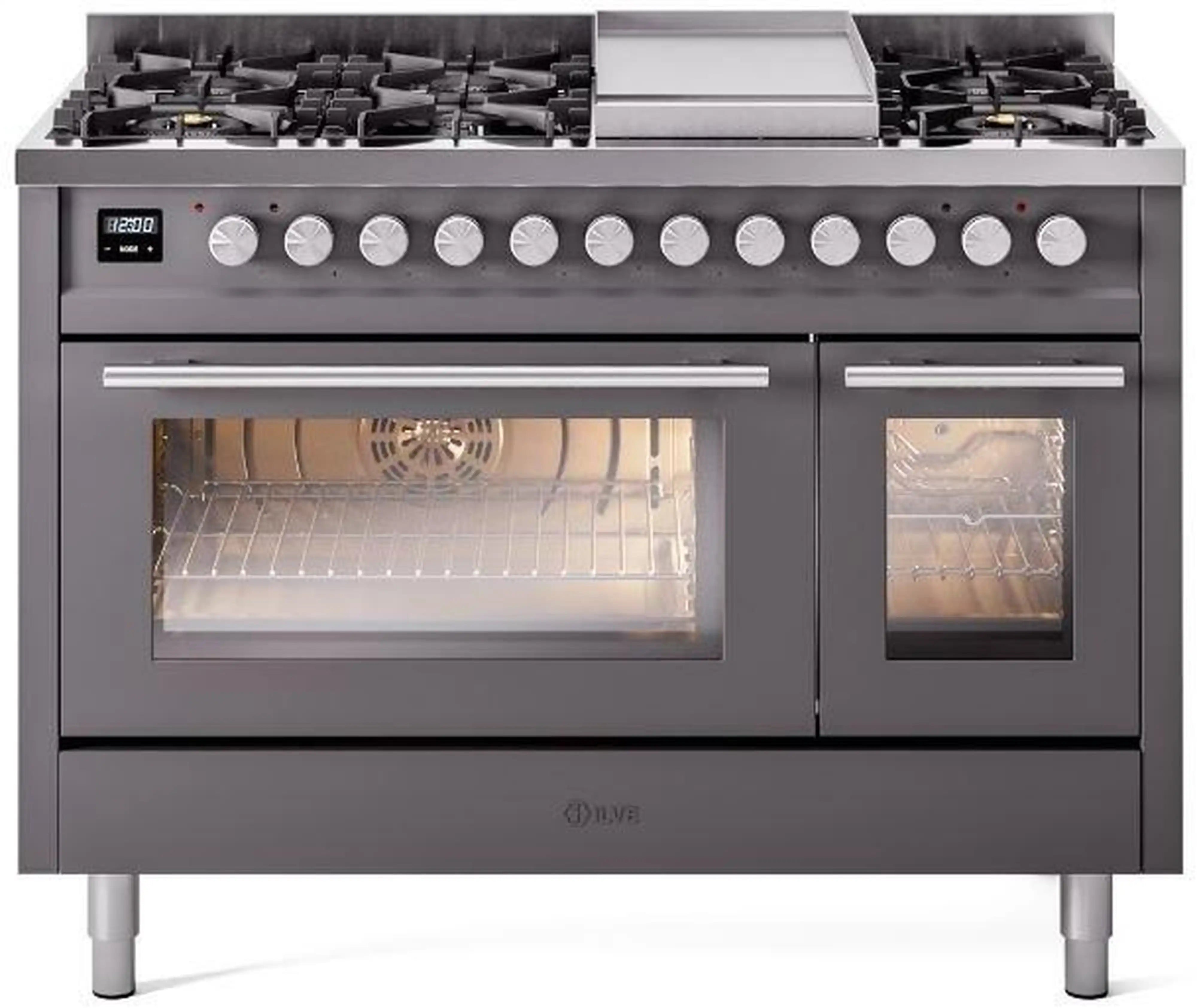 Matte graphite freestanding range with multi-burner cooktop, dual ovens, and knobs