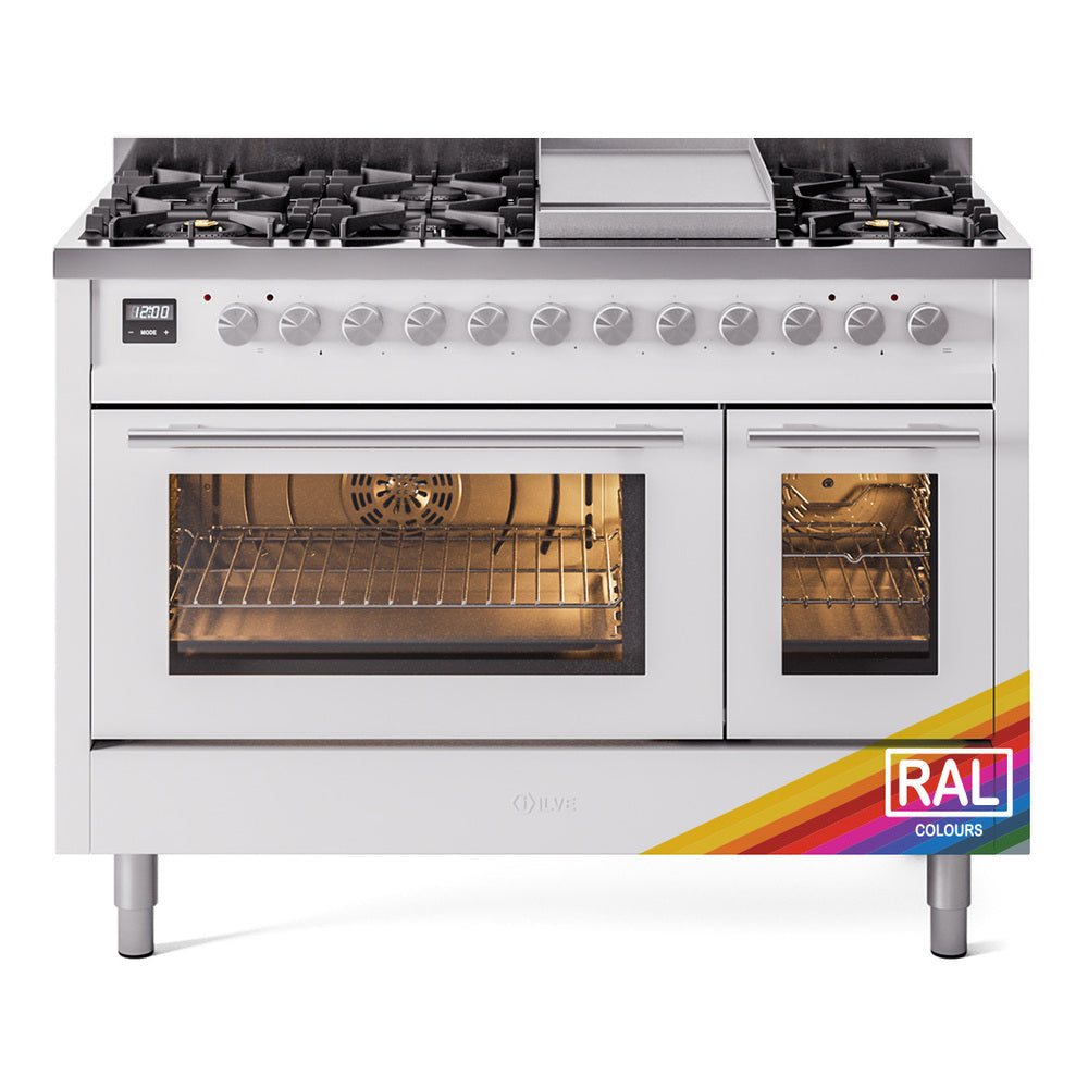 Freestanding stainless steel gas range with dual ovens and side control panel