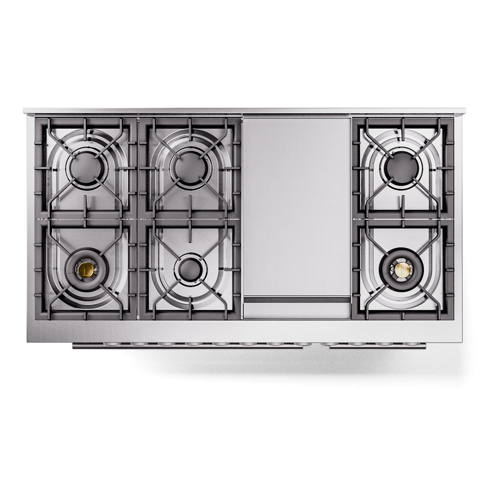 Underside burner layout of a stainless steel freestanding gas range