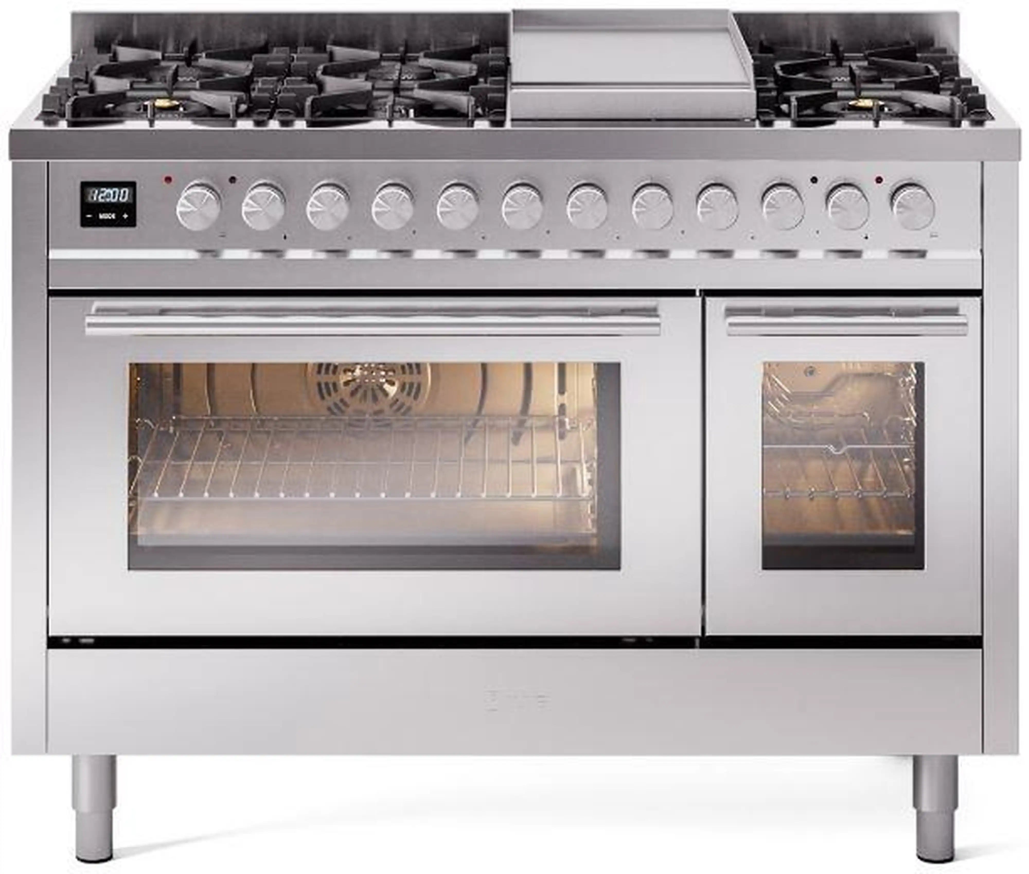 Stainless steel dual-fuel gas range with multiple burners and two ovens