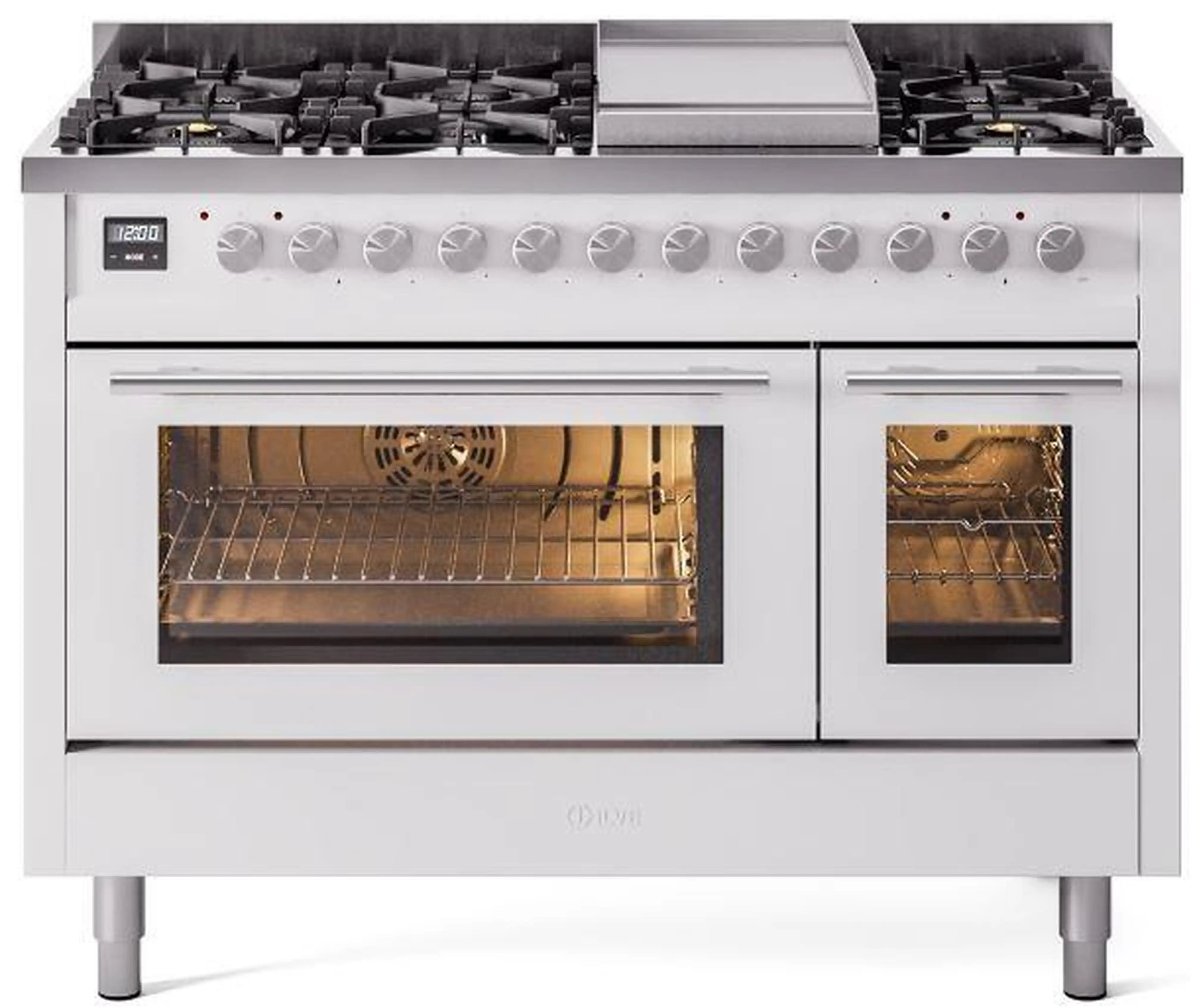 White freestanding dual-fuel range with open top burners and two ovens