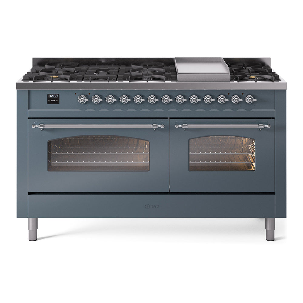 Blue-grey freestanding dual fuel range with chrome trim, burners, and two oven windows