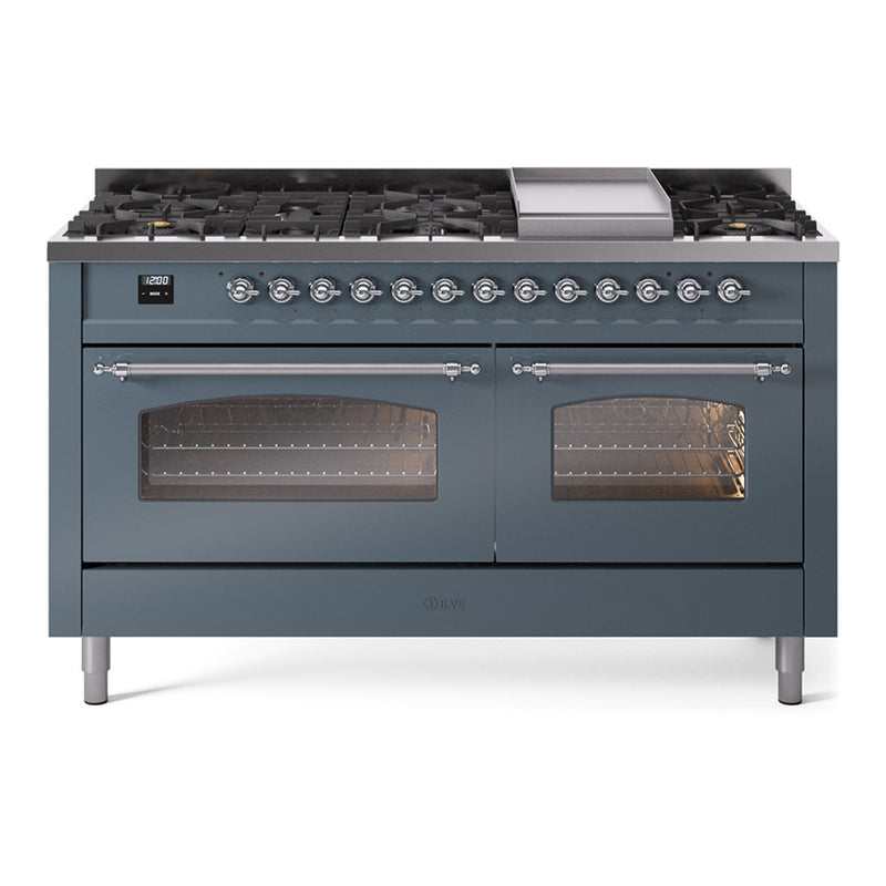 ILVE Nostalgie II 60-Inch Dual Fuel Freestanding Range in Blue Grey with Chrome Trim (UP60FNMPBGC)