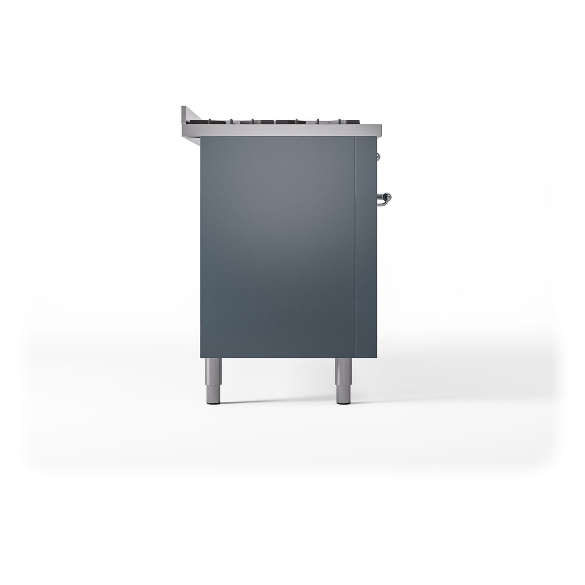 Side view of freestanding dual fuel range in blue gray with front control area