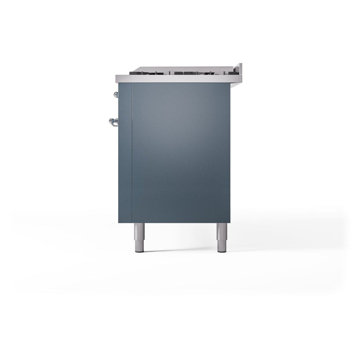 Blue grey freestanding range rear-side panel with cooktop underside and legs