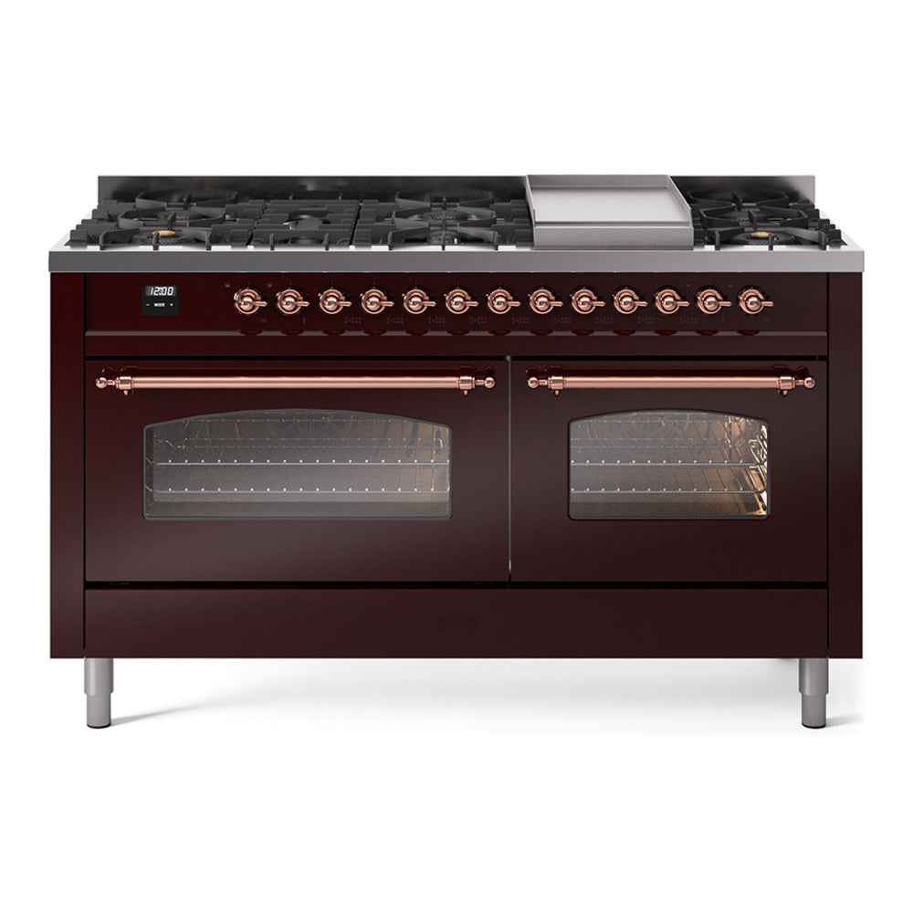 Burgundy dual fuel range with copper trim, burners, griddle, double glass oven doors
