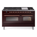 ILVE 60-Inch Nostalgie II Propane Gas Dual Fuel Range with 9 Burners, Griddle and Triple Glass Door Oven in Burgundy with Copper Trim (UP60FNMPBUPLP)