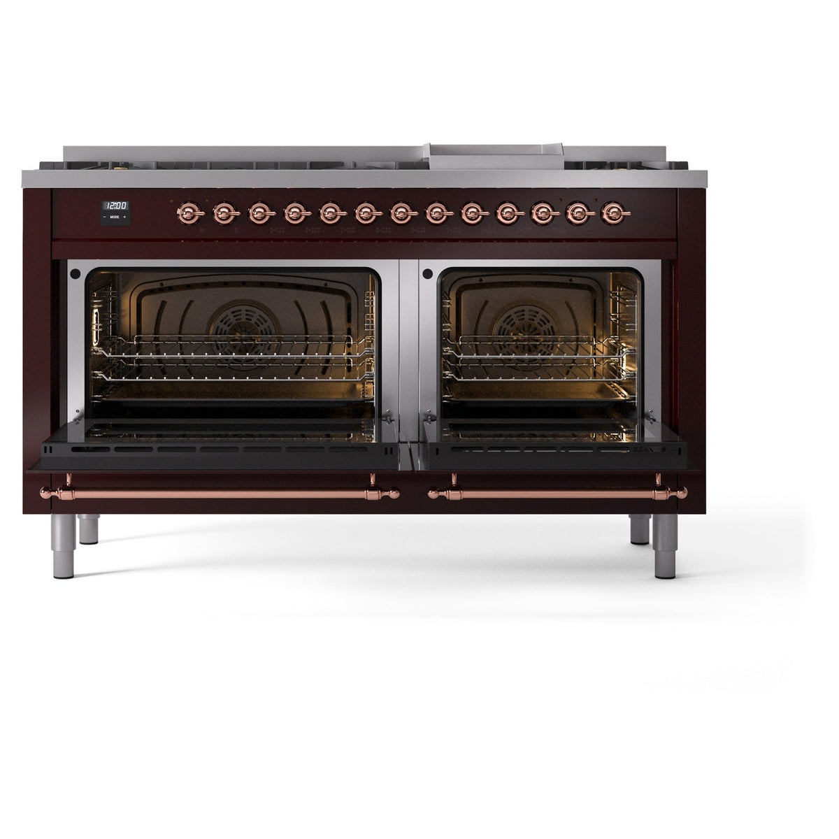 ILVE dual fuel range with both oven doors open, burgundy cabinet and copper handles