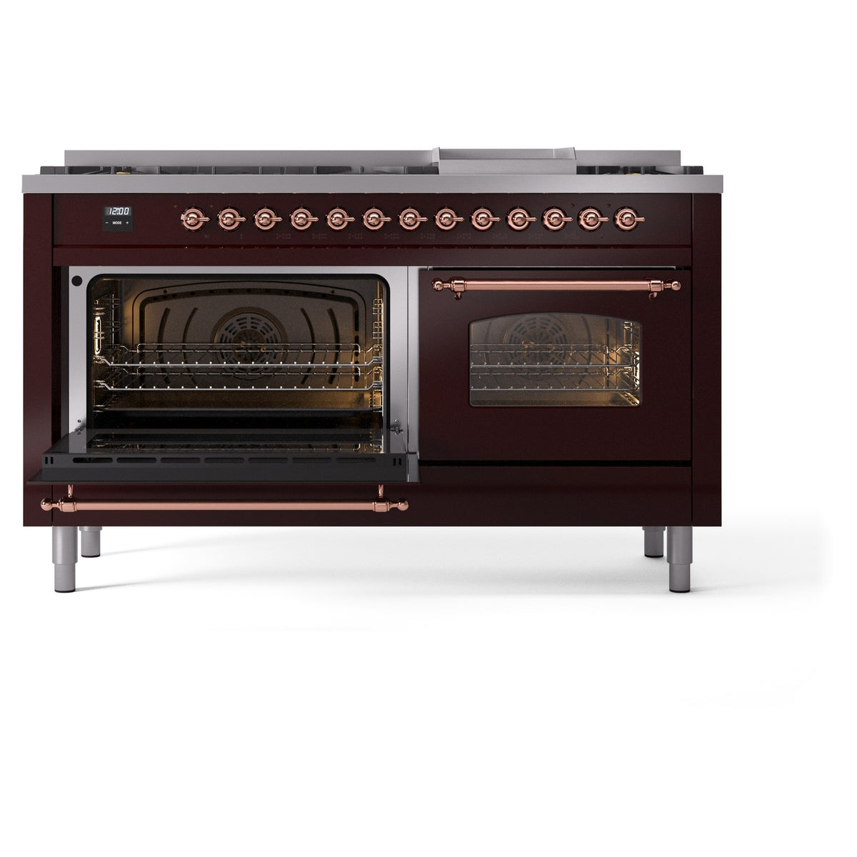 Burgundy dual fuel range with copper trim; left oven open and right oven door closed