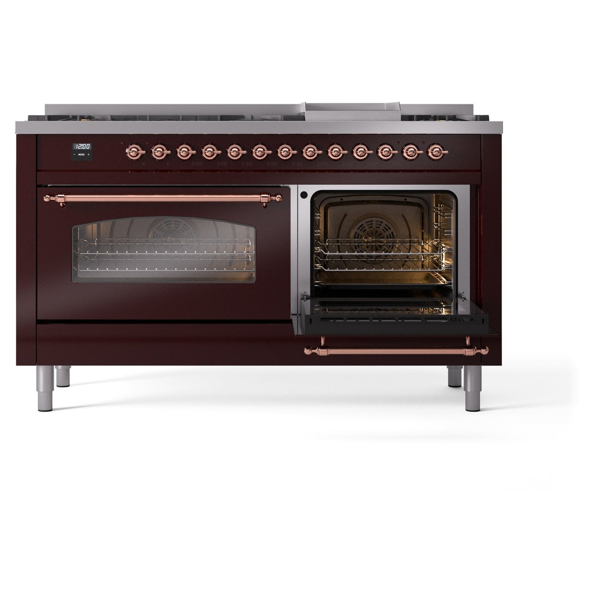 Burgundy dual fuel range with copper trim; single oven door open over second closed oven