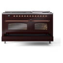 ILVE 60-Inch Nostalgie II Propane Gas Dual Fuel Range with 9 Burners, Griddle and Triple Glass Door Oven in Burgundy with Copper Trim (UP60FNMPBUPLP)