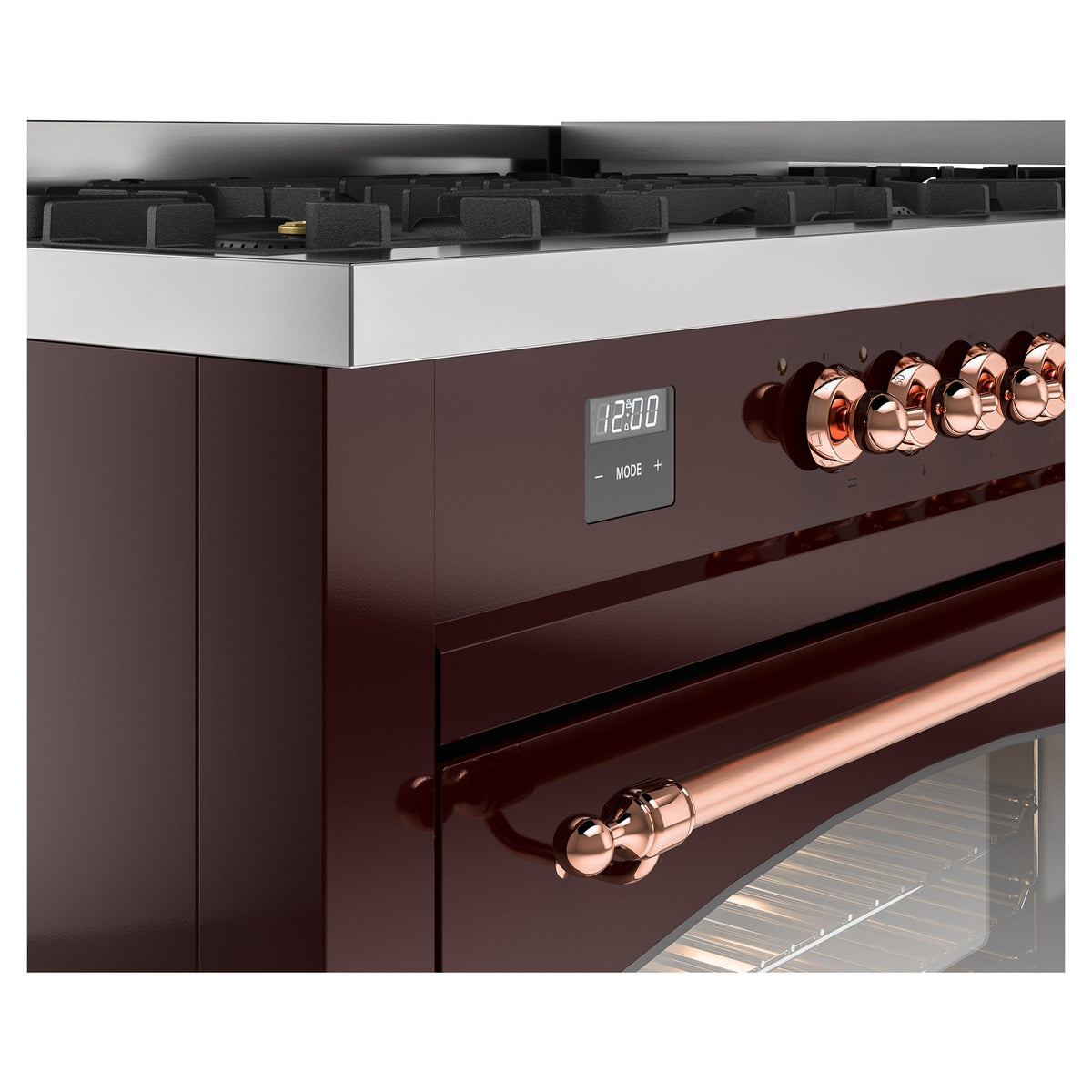 Burgundy control panel with digital display and copper knobs; oven handle and glass