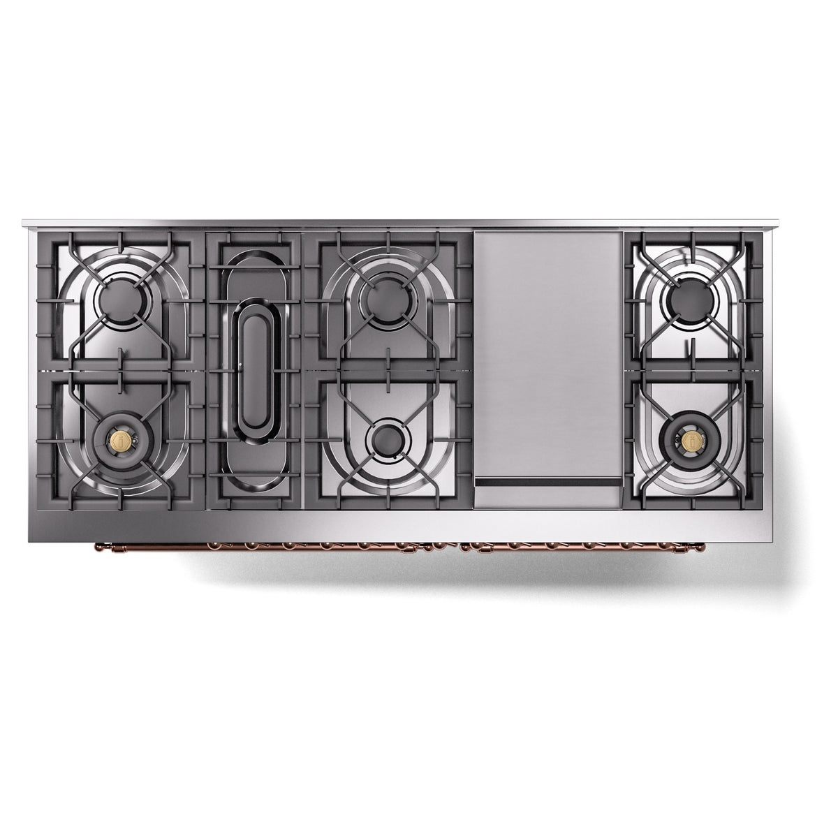 Dual fuel cooktop grates with multiple burners; burgundy front trim and copper control rail