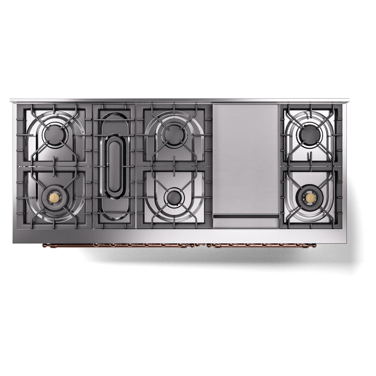 ILVE dual fuel range cooktop burners with metal grates and side controls, top view