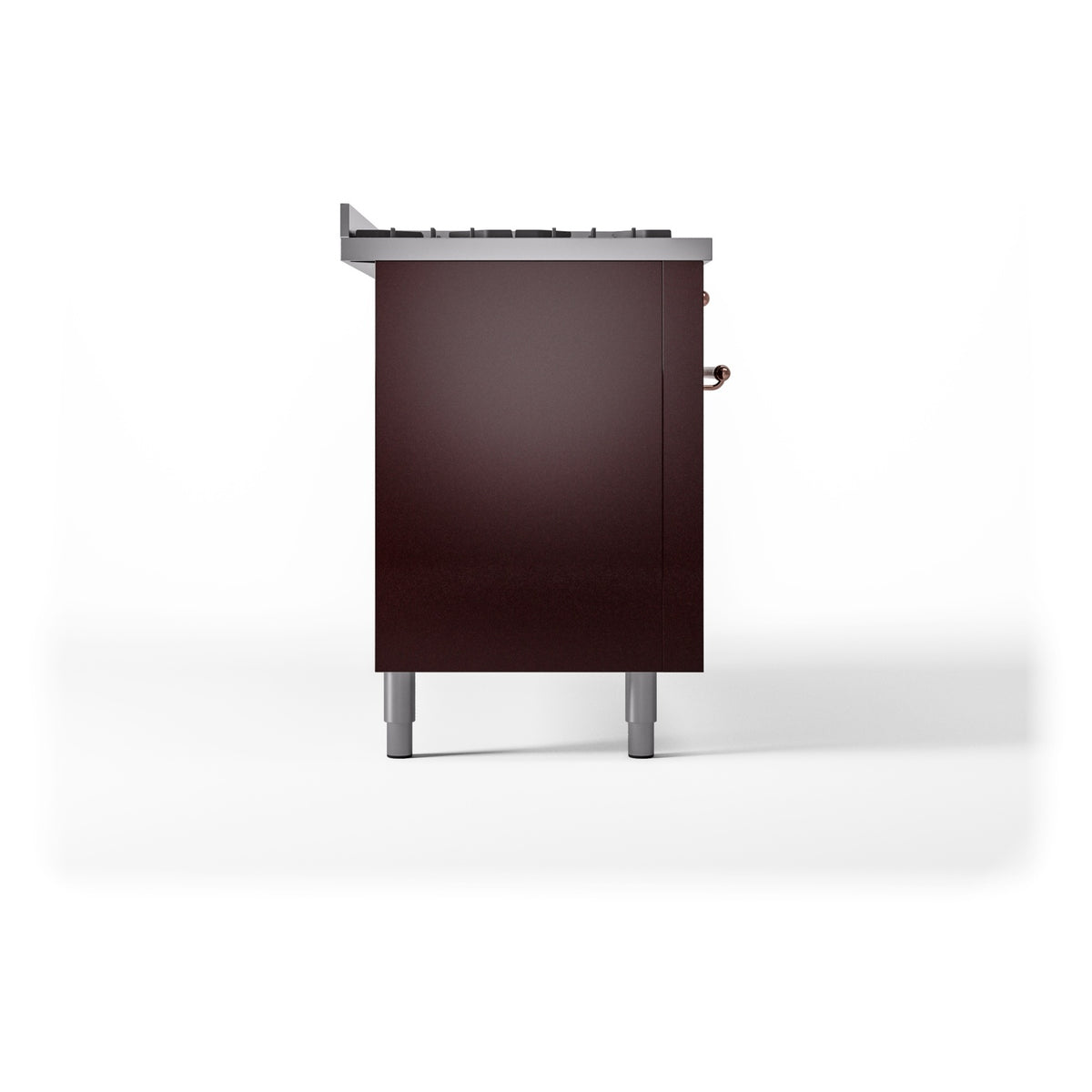 Burgundy range side view with vented top and copper side knob accents